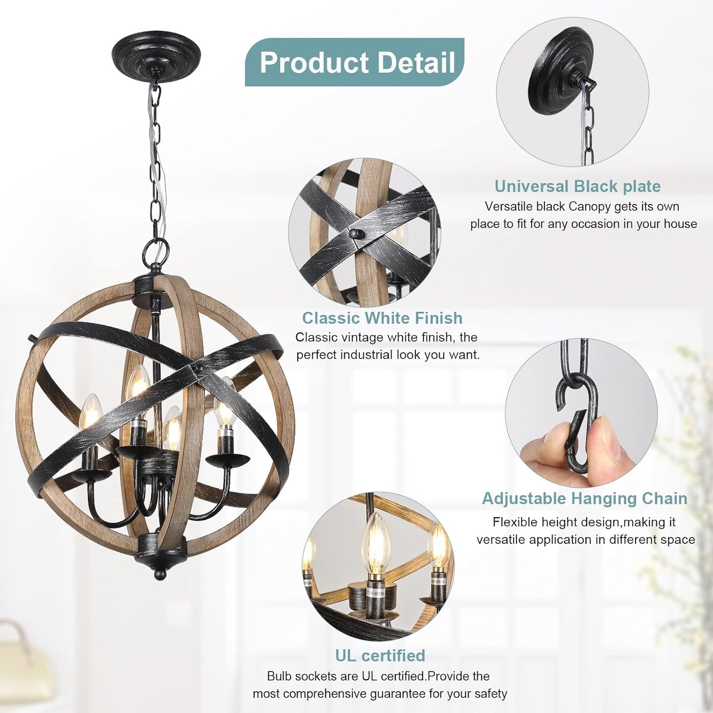 Rustic Farmhouse Orb Chandelier – 4-Light Vintage Wood & Metal Globe Pendant for Dining Room