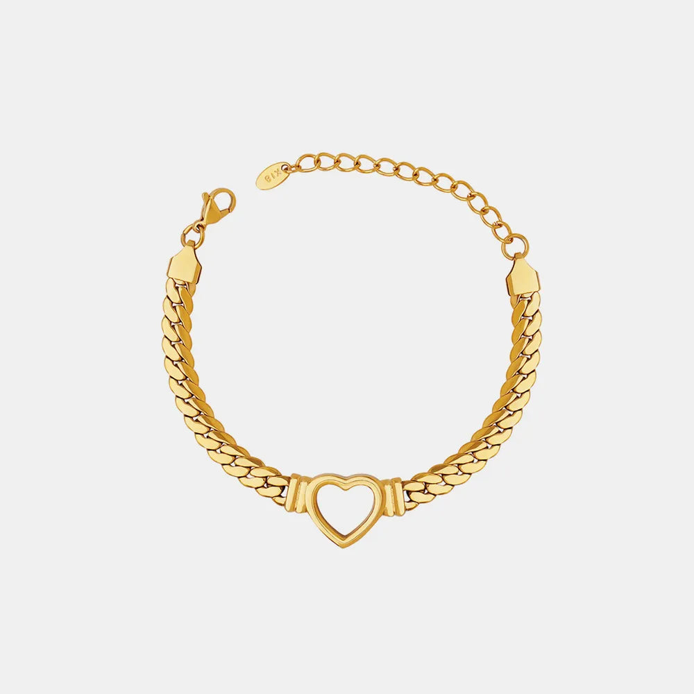 Trendy Gold Titanium Steel Cutout Heart Curb Chain Bracelet.