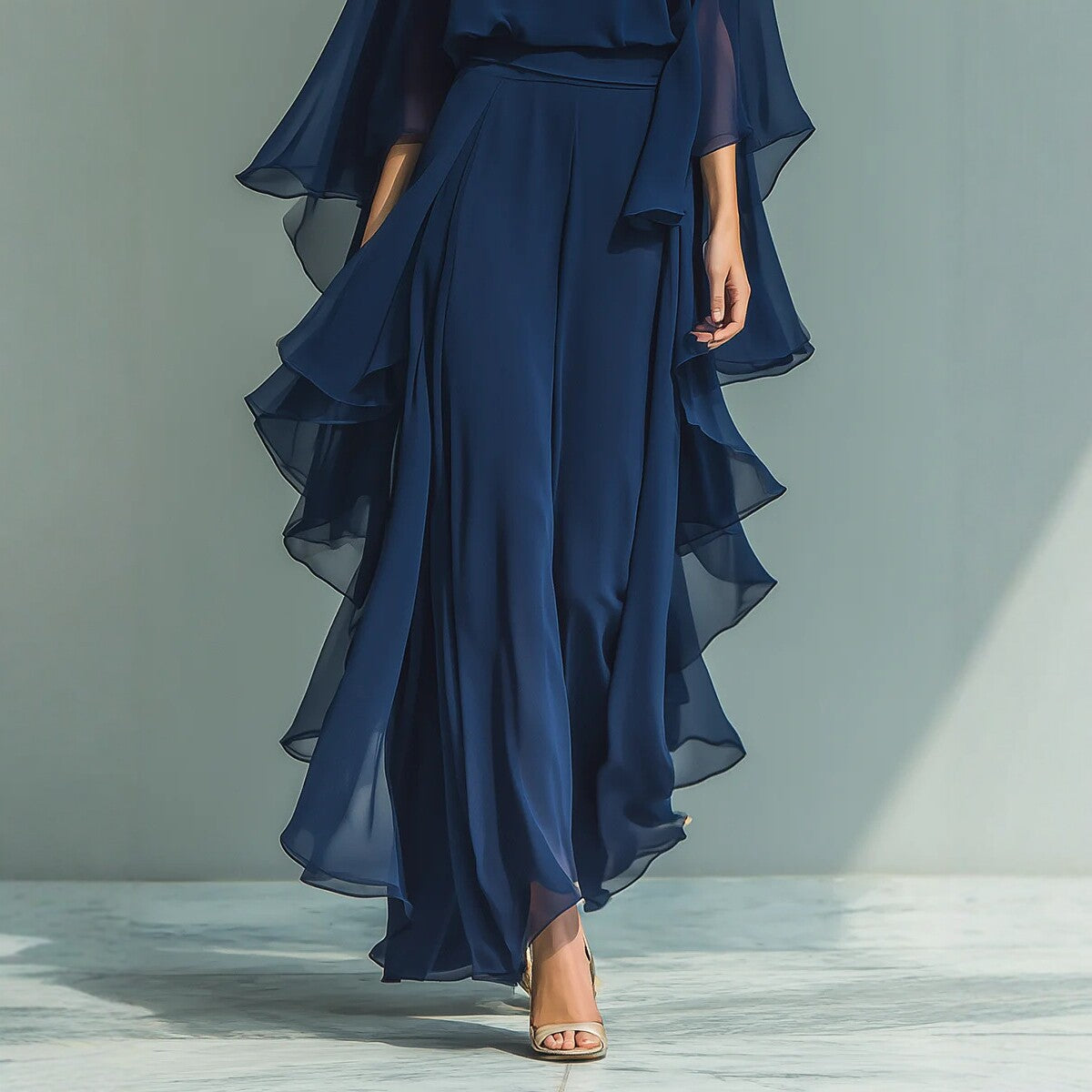 Women's Elegant Deep Blue Ruffle Wide-Leg Pants Set - Two-Piece Long Sleeve Outfit