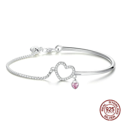S925 Sterling Silver Heart Bracelet with Pink Crystal Charm