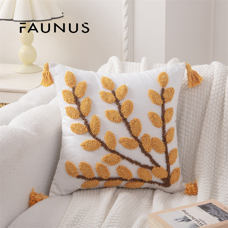 Bohemian Tufted Throw Pillow Cover - Ethnic Moroccan Leaf Embroidered Cushion Case