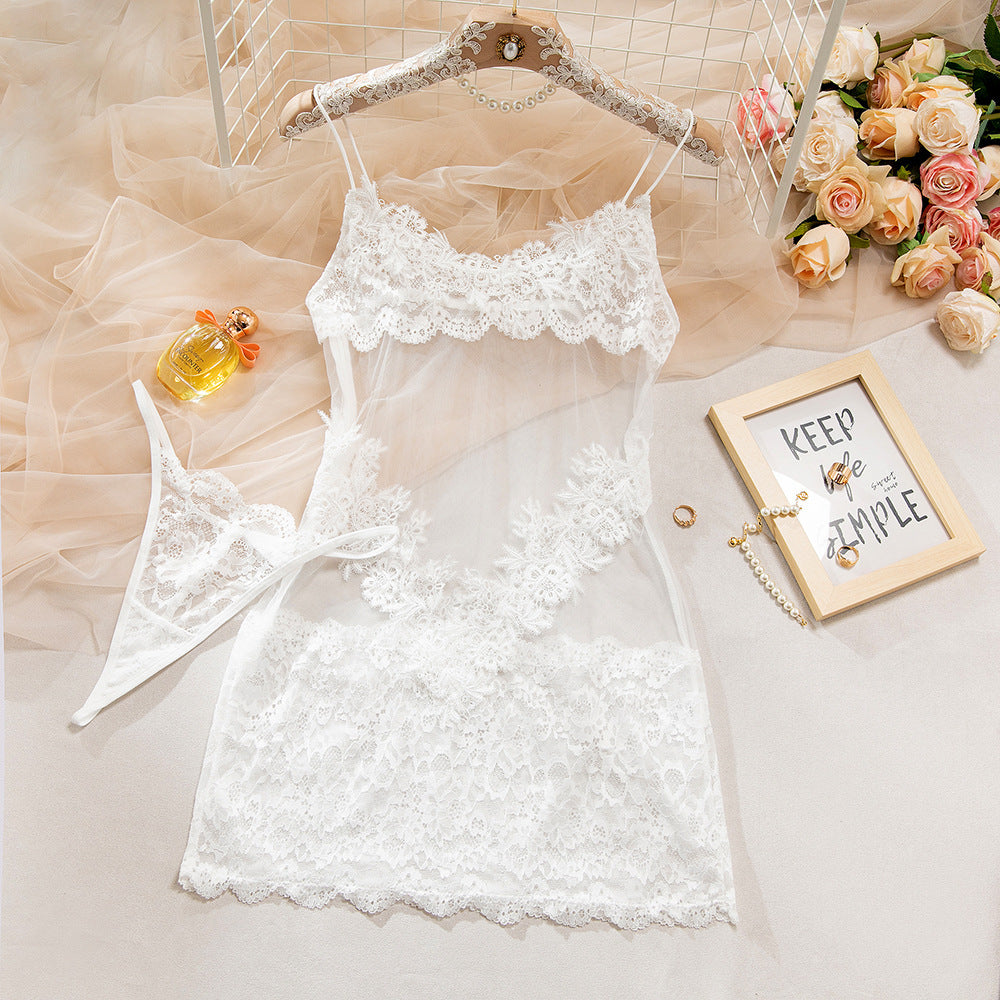 Black Lace Patchwork Mesh Babydoll Mini Dress with Thong Set