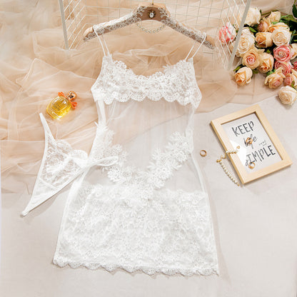Black Lace Patchwork Mesh Babydoll Mini Dress with Thong Set