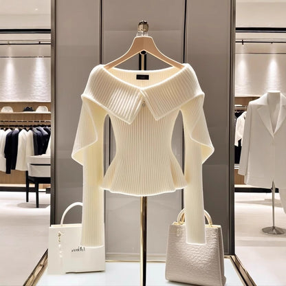 Women's Unique Fold-Over Collar Knitted Sweater - Sophisticated White