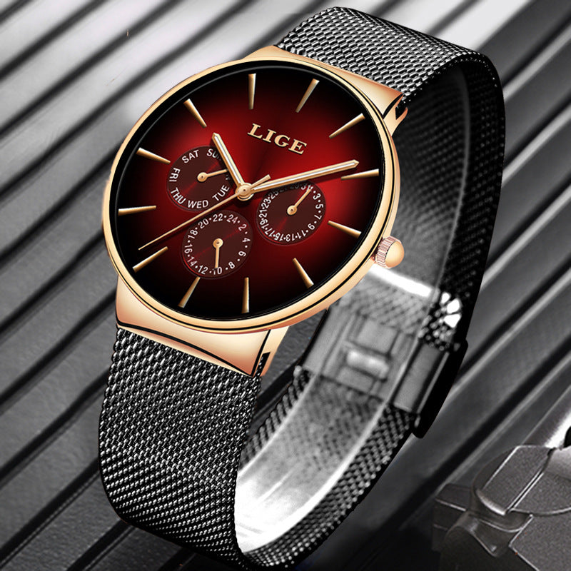 LIGE Men's Luxury Quartz Watch - Slim Mesh Strap Waterproof Business Wristwatch