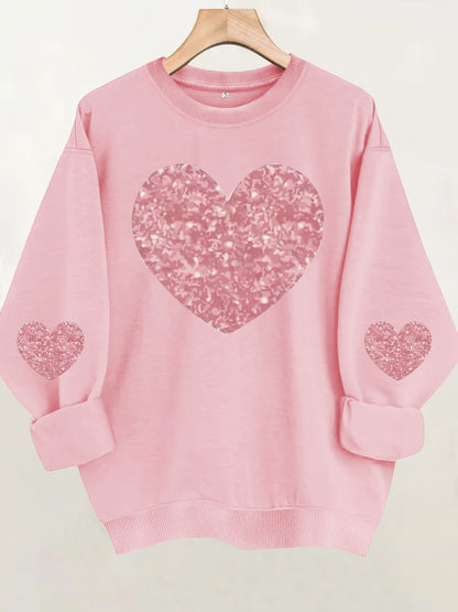 Pink Glitter Heart Print Grey Sweatshirt | Cozy Long Sleeve Pullover for Women