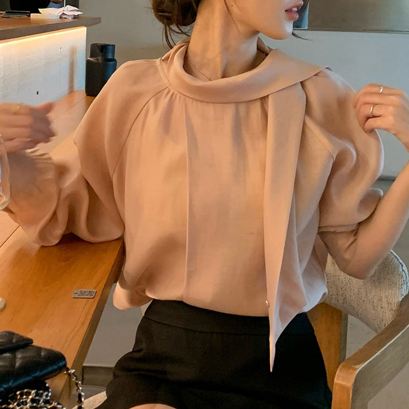 Style One-Shoulder Draped Collar Buttoned Shirt | Elegant Pink Long Sleeve Top for Women