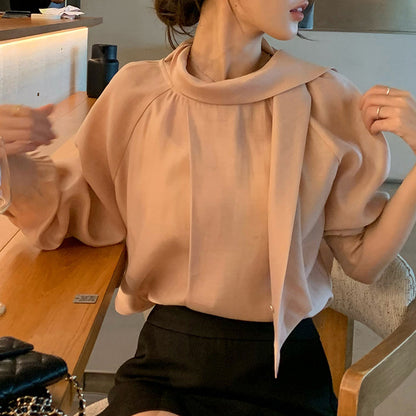 Style One-Shoulder Draped Collar Buttoned Shirt | Elegant Pink Long Sleeve Top for Women