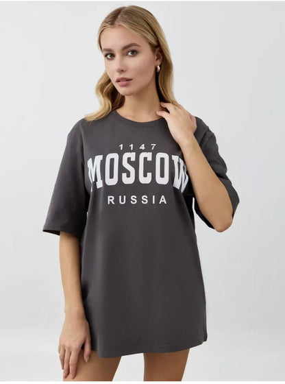 Women's "Moscow Russia" Vintage Letter Print Oversized T-Shirt