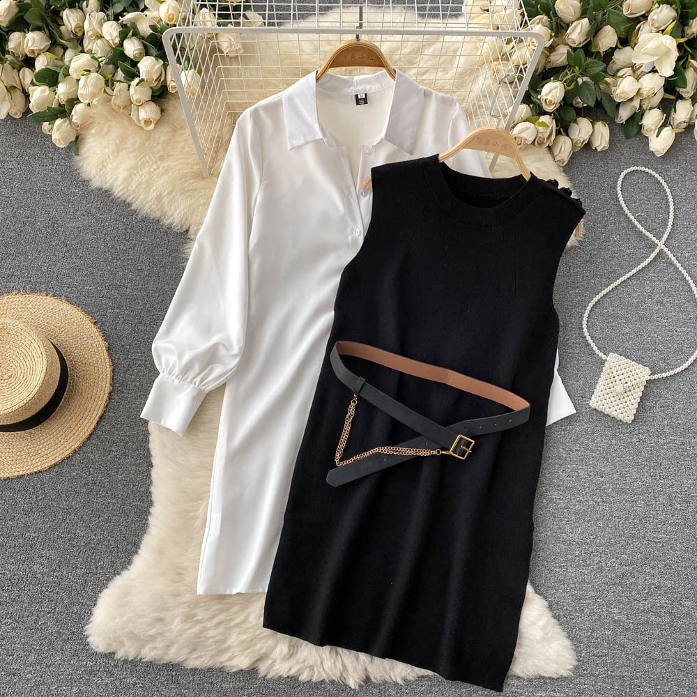 French Style 2-Piece Knit Vest & Shirt Dress Set - Elegant Contrast Waist-Cinching Autumn Suit