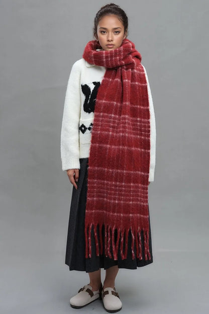 Women's Oversized Red Plaid Scarf | Soft Thermal Fringe Winter Shawl & Blanket Wrap