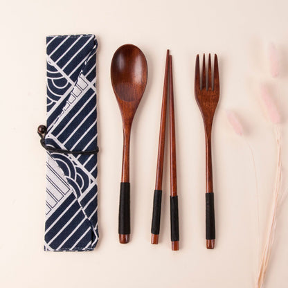 Japanese Style 3-Piece Portable Wooden Cutlery Set with Pouch