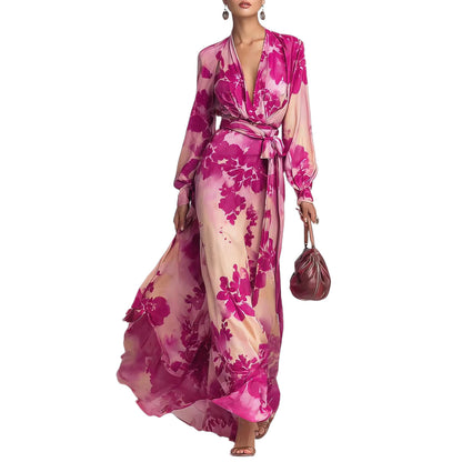 Women's Printed Chiffon V-Neck Maxi Dress - Elegant Long Sleeve Tie-Up Gown