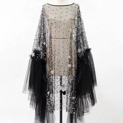 Sparkly Star Mesh Cover-Up Dress - Elegant Flare Sleeve Sheer Party Outfits for Women
