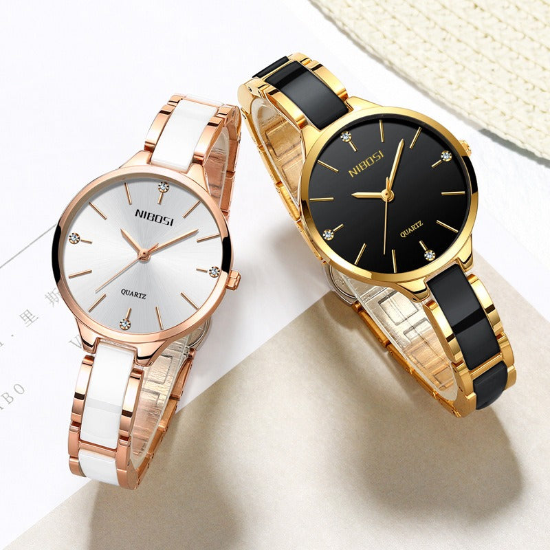 NIBOSI 2330 Luxury Ceramic Bracelet Watch for Ladies - Creative Quartz Watch for Women