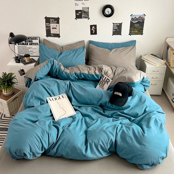 Premium Washed Cotton Double-Spliced Bedding Set – Soft Sky Blue & Cream 4-Piece Duvet Cover Set for Dormitory & Home