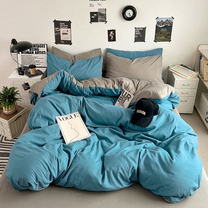 Premium Washed Cotton Double-Spliced Bedding Set – Soft Sky Blue & Cream 4-Piece Duvet Cover Set for Dormitory & Home