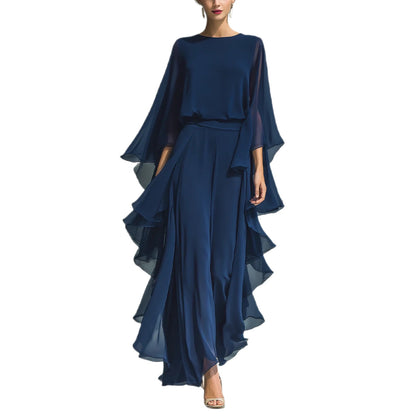 Women's Elegant Deep Blue Ruffle Wide-Leg Pants Set - Two-Piece Long Sleeve Outfit