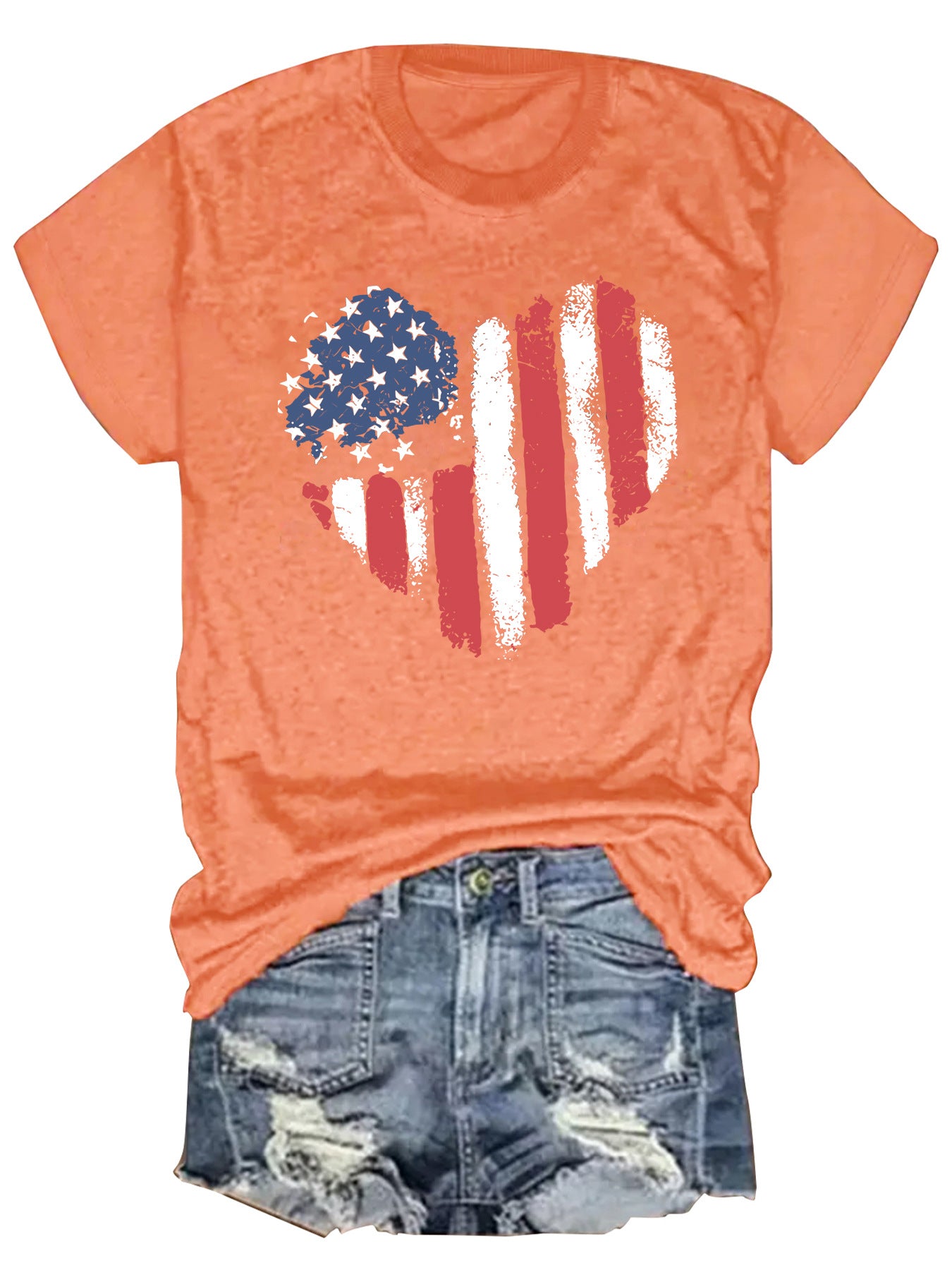 American Flag Heart Graphic T-Shirt | Patriotic Round Neck Short Sleeve Top