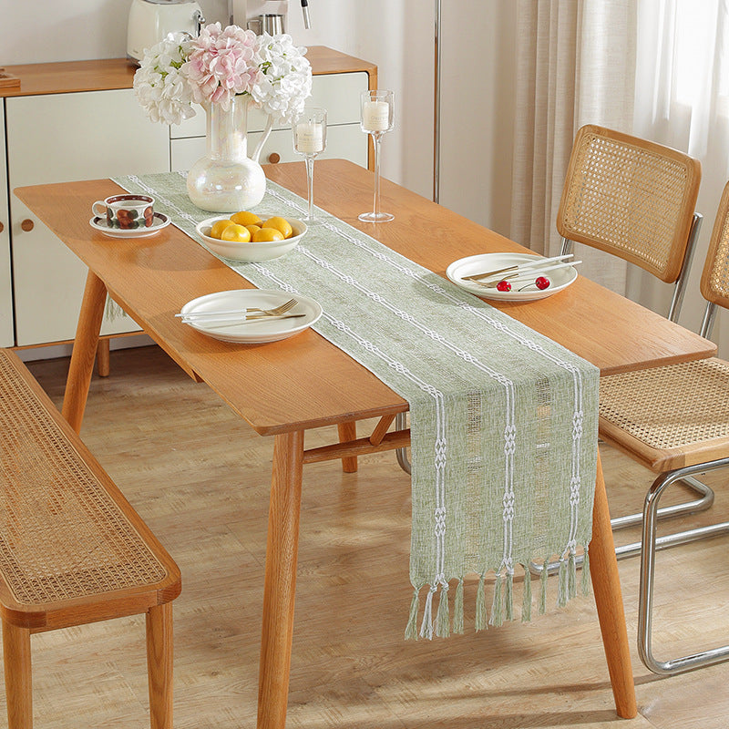 Rustic Hand-Woven Table Runner – Cotton & Linen Boho Table Flag with Tassels