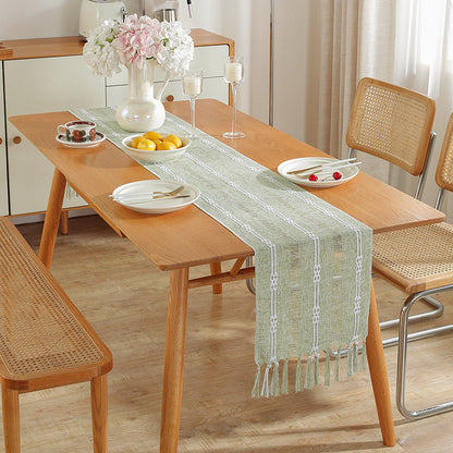 Rustic Hand-Woven Table Runner – Cotton & Linen Boho Table Flag with Tassels