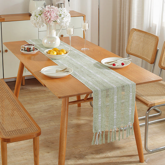 Rustic Hand-Woven Table Runner – Cotton & Linen Boho Table Flag with Tassels