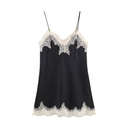 Luxury Lace Trim Satin Cami Top – Chic Color Blocked Sleeveless Silk-Textured Tank for Women
