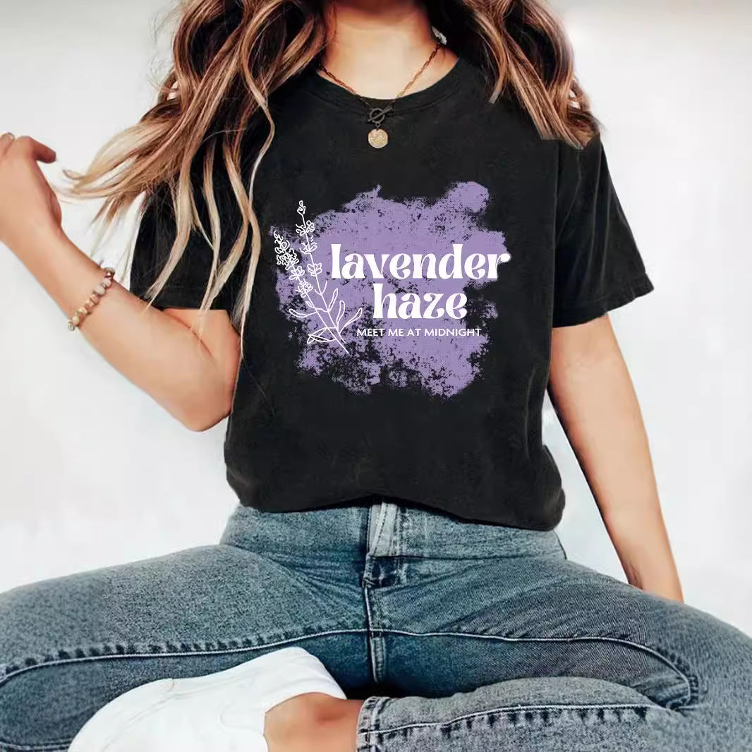 Lavender Haze' Pattern Printed Round Neck Short Sleeved T-Shirt | Graphic Slogan Tee
