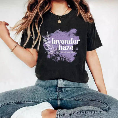 Lavender Haze' Pattern Printed Round Neck Short Sleeved T-Shirt | Graphic Slogan Tee