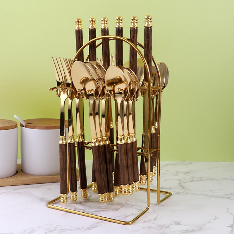 Luxury 24-Piece Golden Cutlery Set with Marble Pattern Handles & Gold Stand