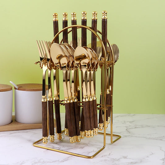 Luxury 24-Piece Golden Cutlery Set with Marble Pattern Handles & Gold Stand