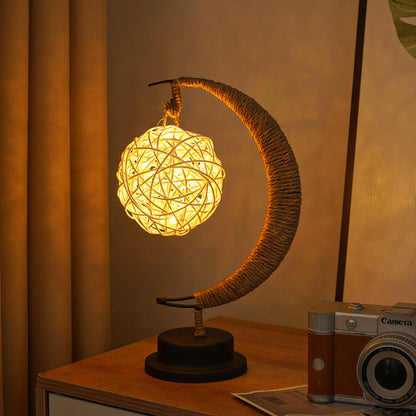 LED Star in Moon Night Light with Hemp Rope and Iron Art Base