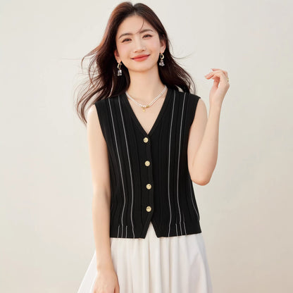 Women's Striped V-Neck Knit Waistcoat - Chic Sleeveless Outerwear Top