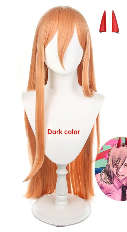 Chainsaw Man Power (Pawa) Cosplay Wig | Long Orange Layered Anime Wig with Horns