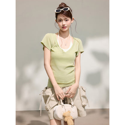 Women's Green V-Neck T-Shirt with U-Neck Halter Bralette Tank Top Set