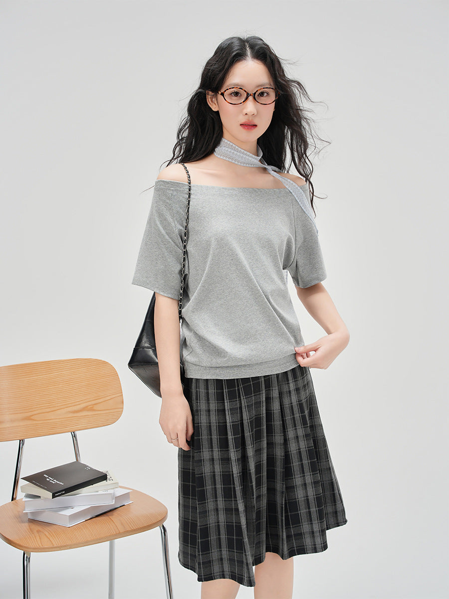 Elegant Loose Fit Off-the-Shoulder Top with Neck Strap for Women