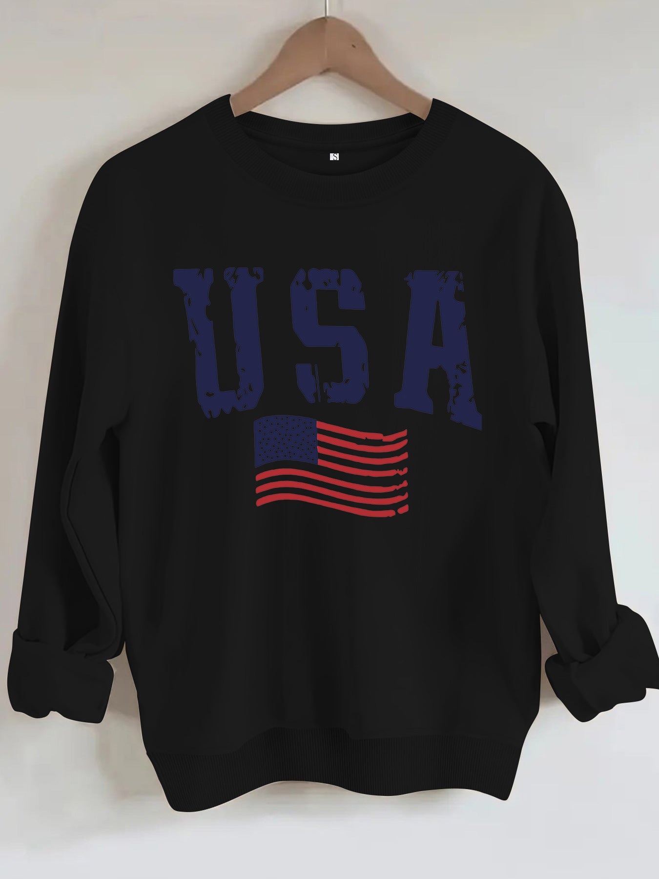 USA Flag Distressed Print Grey Sweatshirt | Unisex Round Neck Sports Pullover