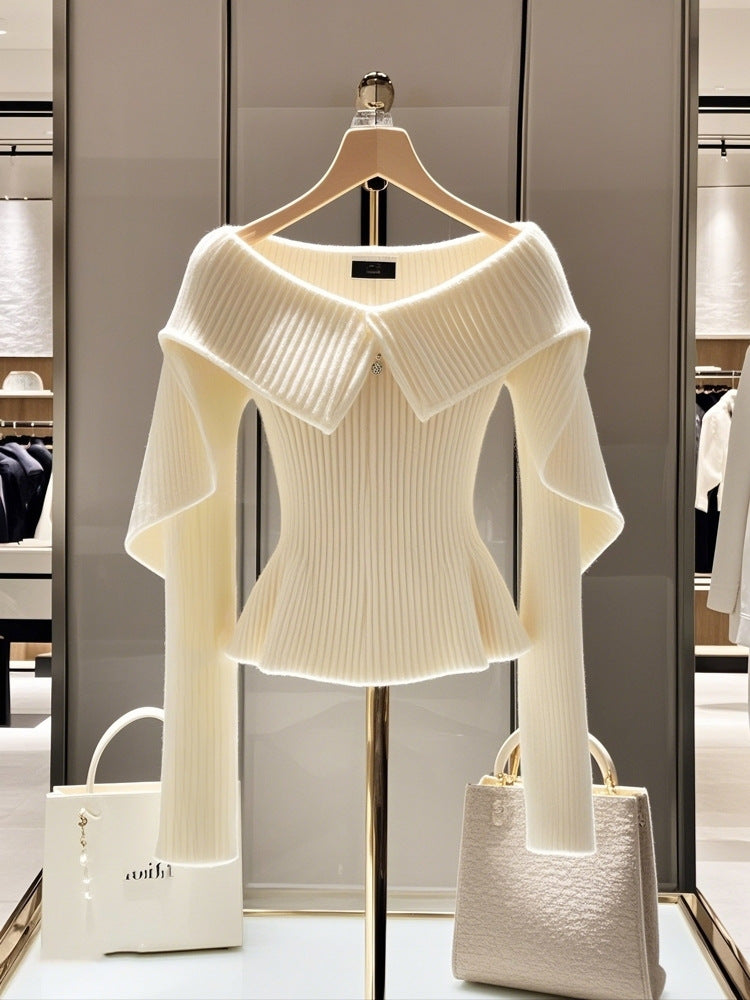 Women's Unique Fold-Over Collar Knitted Sweater - Sophisticated White