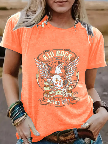 Vintage Eagle Pattern Round Neck Short Sleeved T-Shirt | Graphic Print Top for Men/Women