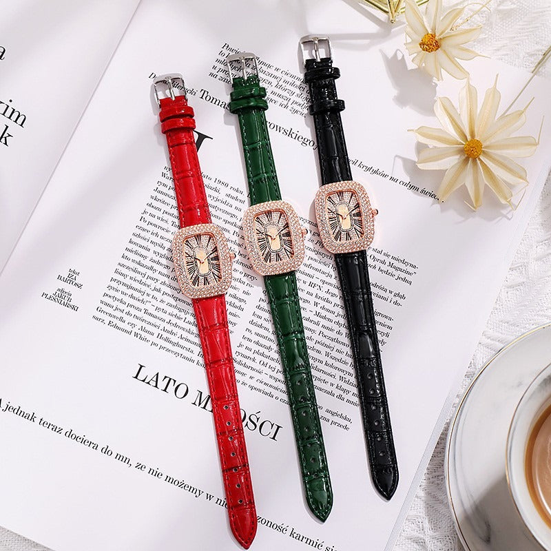 Elegant Small Green Quartz Watch for Women with Rhinestone Bezel