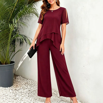 Women's Elegant Irregular Layered Top and Wide-Leg Pants Two-Piece Set