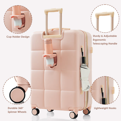 20-Inch ABS Hardshell Carry-on Suitcase with USB Charging Port & Cup Holder - Pink