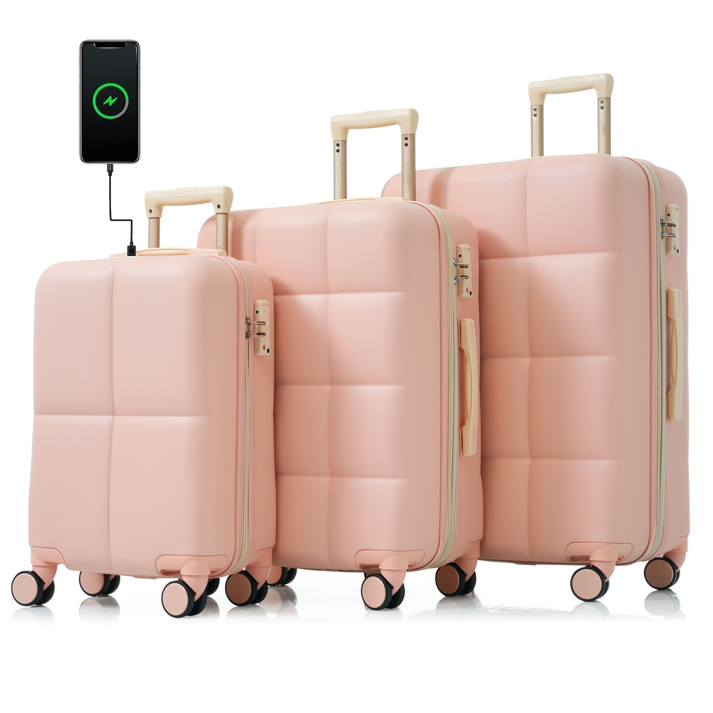 20-Inch ABS Hardshell Carry-on Suitcase with USB Charging Port & Cup Holder - Pink