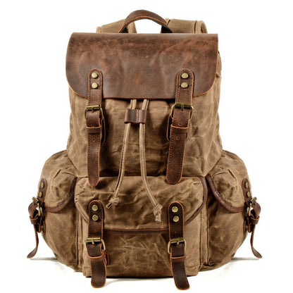 Men's Vintage Oil Wax Canvas & Leather Backpack - Retro Travel Computer Bag