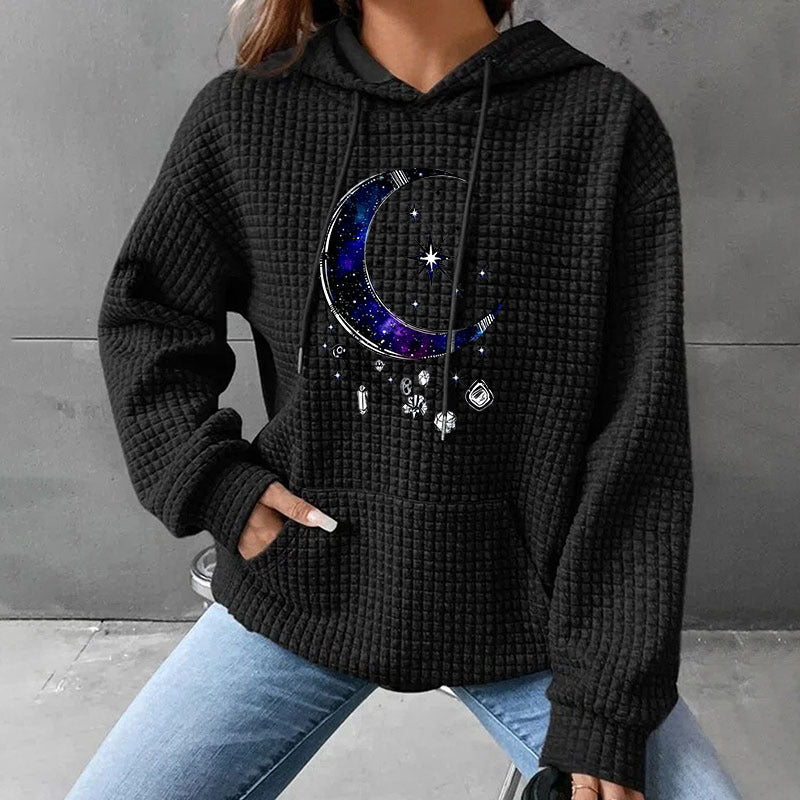 Celestial Sun Moon Star Printed Waffle Knit Hoodie | Grey Pullover Hooded Sweatshirt