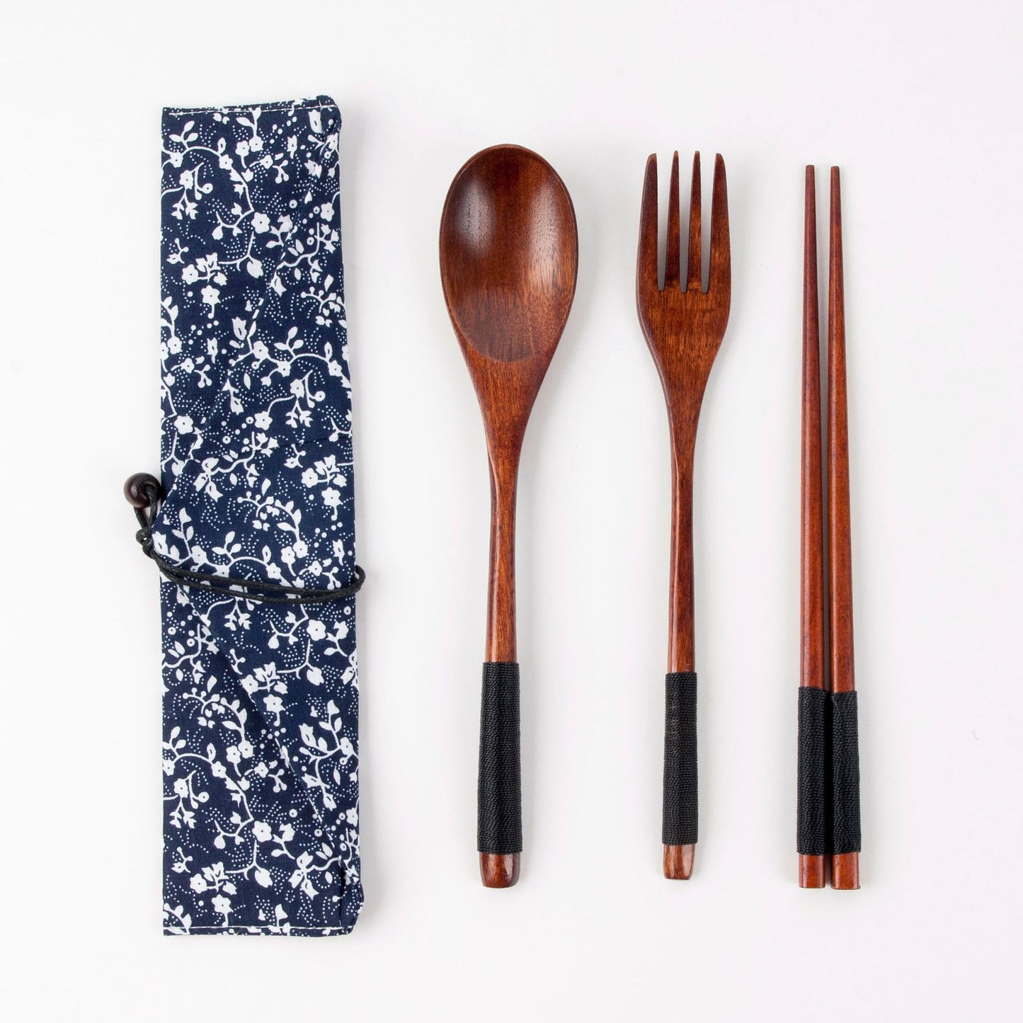 Japanese Style 3-Piece Portable Wooden Cutlery Set with Pouch