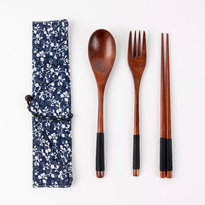 Japanese Style 3-Piece Portable Wooden Cutlery Set with Pouch