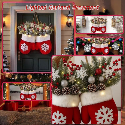 Faux Flower Crown Christmas Mitten Garland - Hanging Sign for Holiday Parties