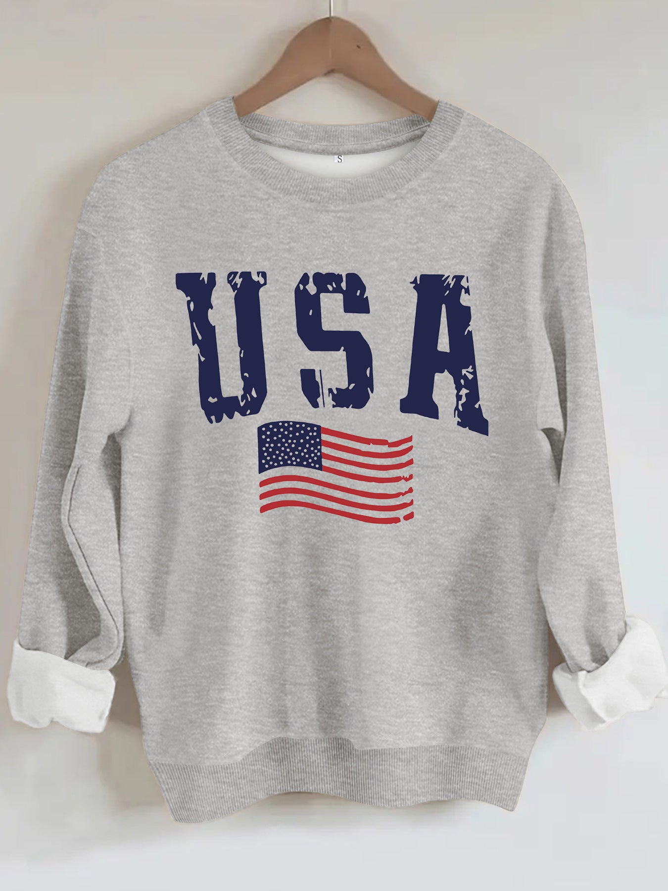 USA Flag Distressed Print Grey Sweatshirt | Unisex Round Neck Sports Pullover