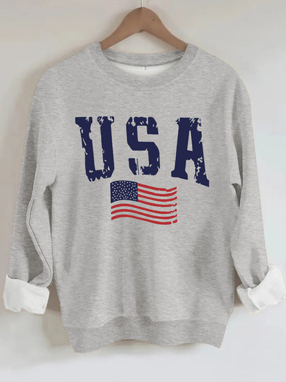 USA Flag Distressed Print Grey Sweatshirt | Unisex Round Neck Sports Pullover